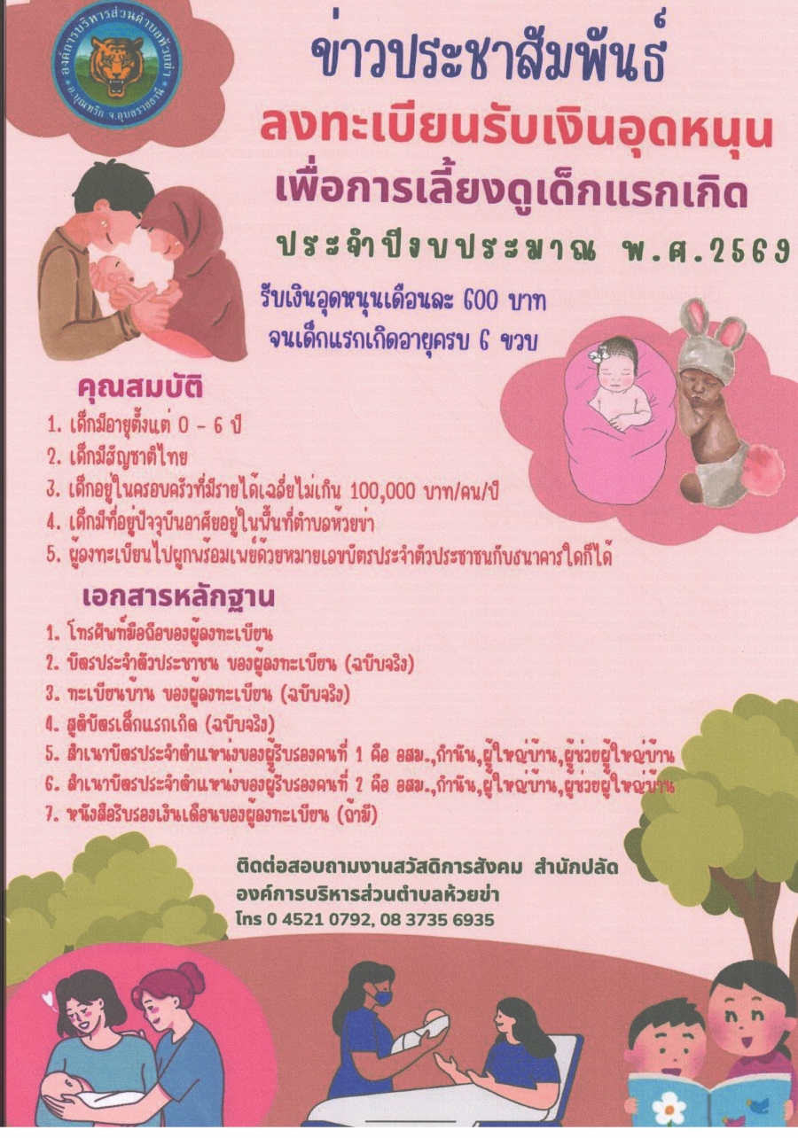 ขอแจ้งข่าวประชาสัมพันธ์ลงทะเบียนรับเงินอุดหนุนเพื่อการเลี้ยงดูเด็กแรกเกิดประจำปีงบประมาณพ.ศ. 2569 รับเงินอุดหนุนเดือนละ 600 บาทจนเด็กแรกเกิดอายุครบหกขวบ
